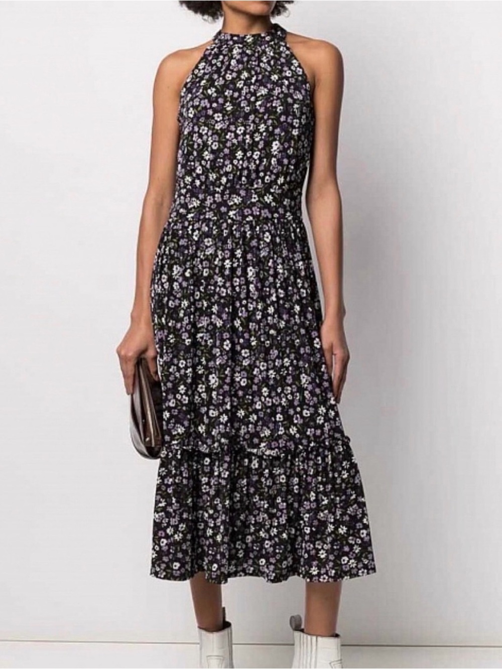 Floral Halter Midi Dress in Black and Purple
